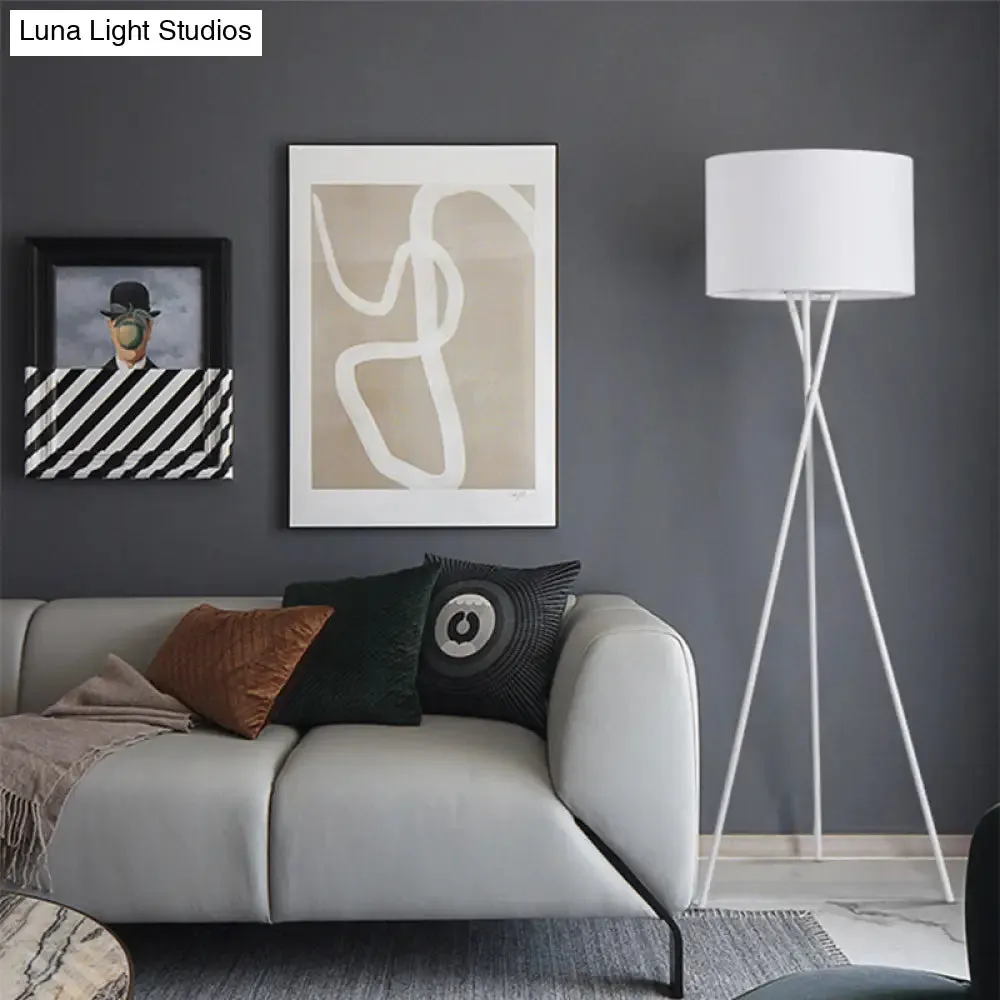 Simple Fabric Drum Shade Floor Reading Lamp with Tripod Stand - White/Black, 1 Light