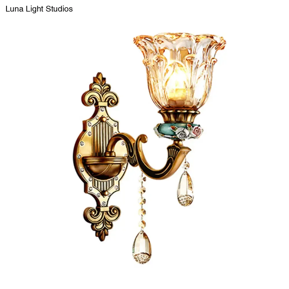 Simple Floral Crystal Prism Brass Sconce Light Fixture - 1-Head Wall Lighting Idea