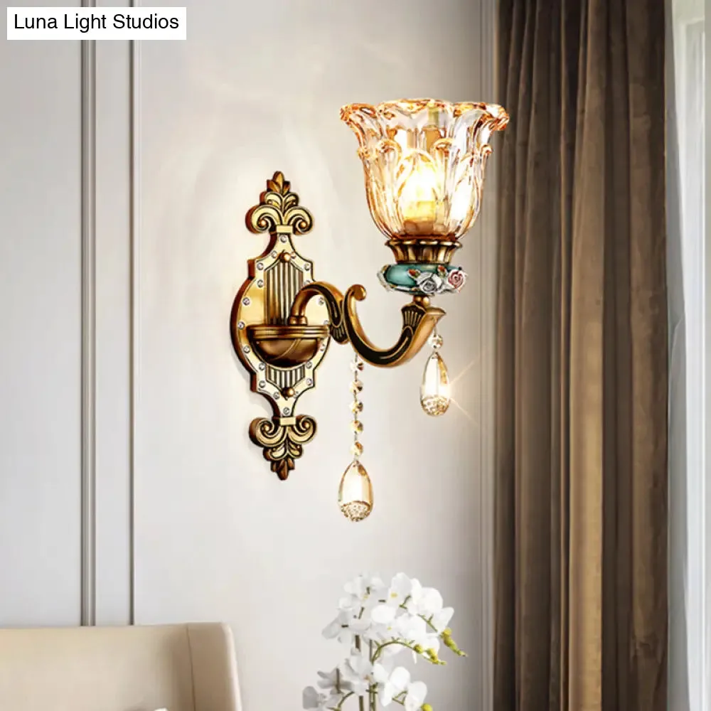 Simple Floral Crystal Prism Brass Sconce Light Fixture - 1-Head Wall Lighting Idea