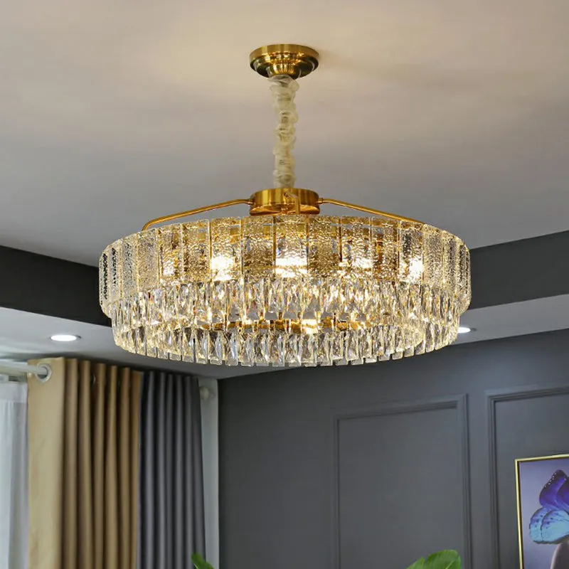 Tan Circular Chandelier Lamp - Elegant Crystal Hanging Light for Bedroom