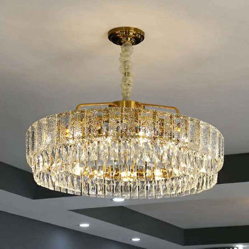 Tan Circular Chandelier Lamp - Elegant Crystal Hanging Light for Bedroom