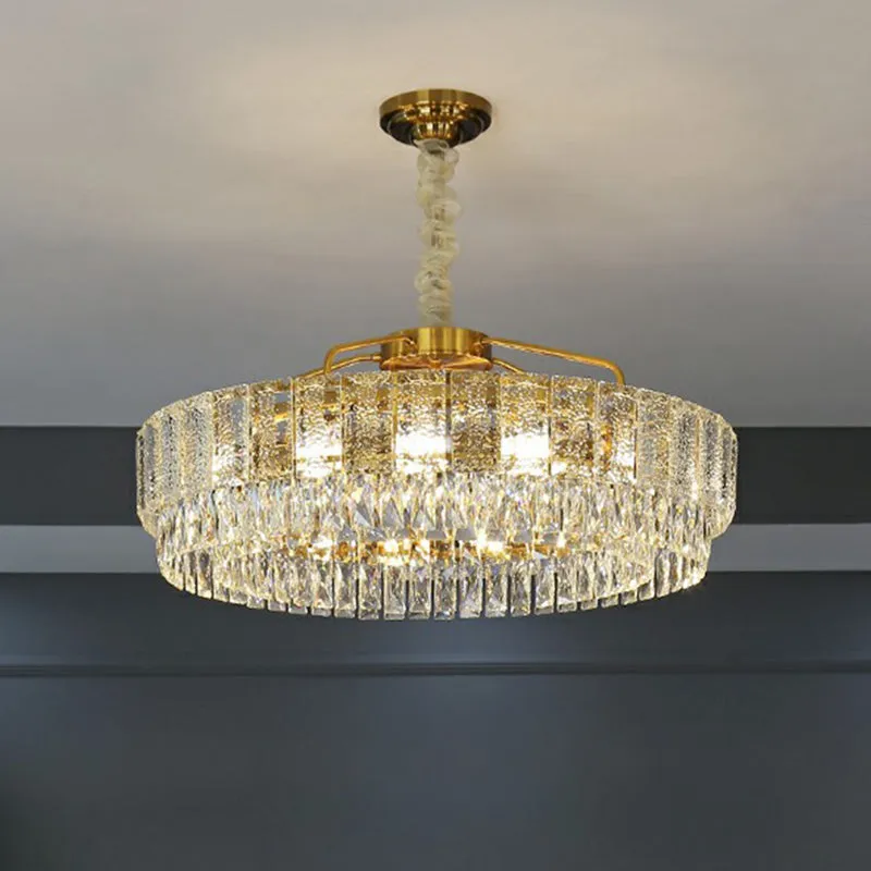 Tan Circular Chandelier Lamp - Elegant Crystal Hanging Light for Bedroom