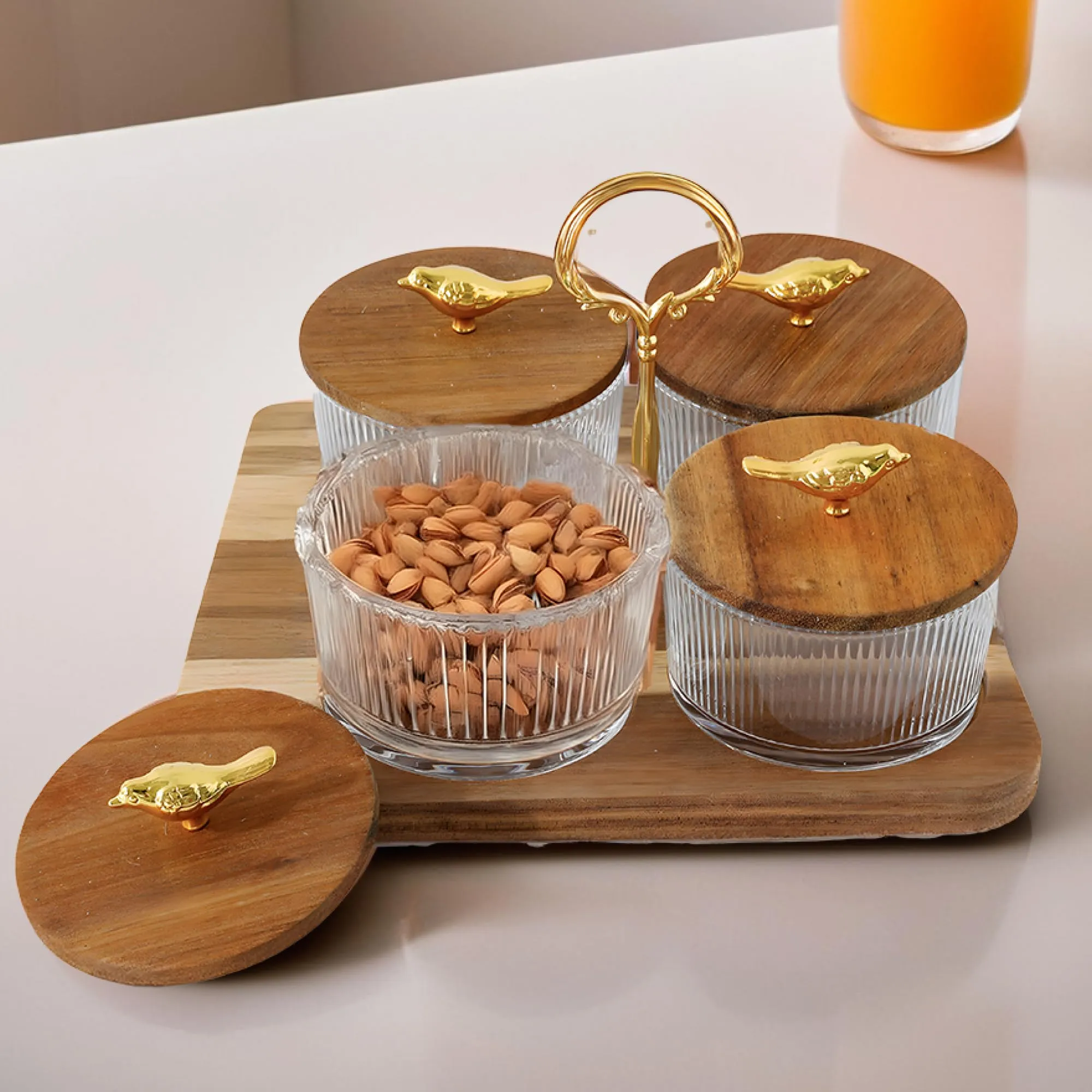 The Better Home Platters Serving Set for Snacks with Wooden Tray & 4 Jars (160ml Each) | Premium Soda Lime Glass | Snacks Serving Bowls with Tray | Serving Tray with Bowls for Snacks