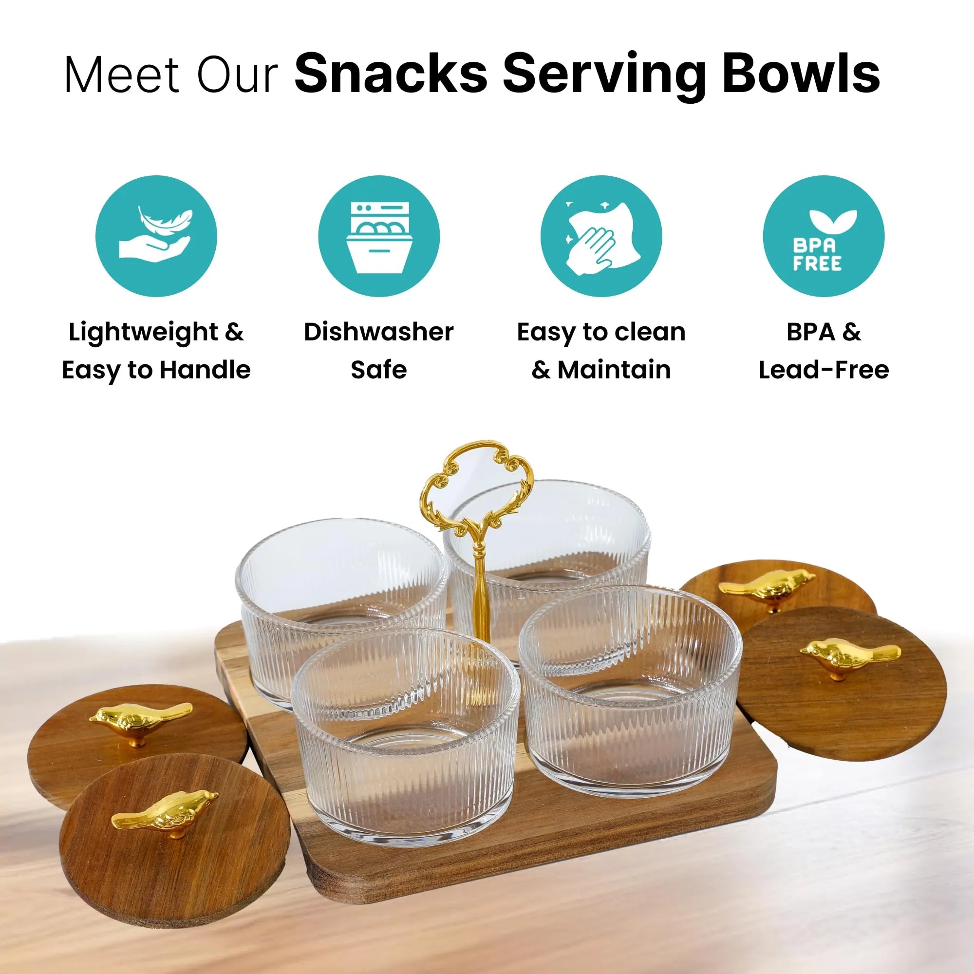 The Better Home Platters Serving Set for Snacks with Wooden Tray & 4 Jars (160ml Each) | Premium Soda Lime Glass | Snacks Serving Bowls with Tray | Serving Tray with Bowls for Snacks