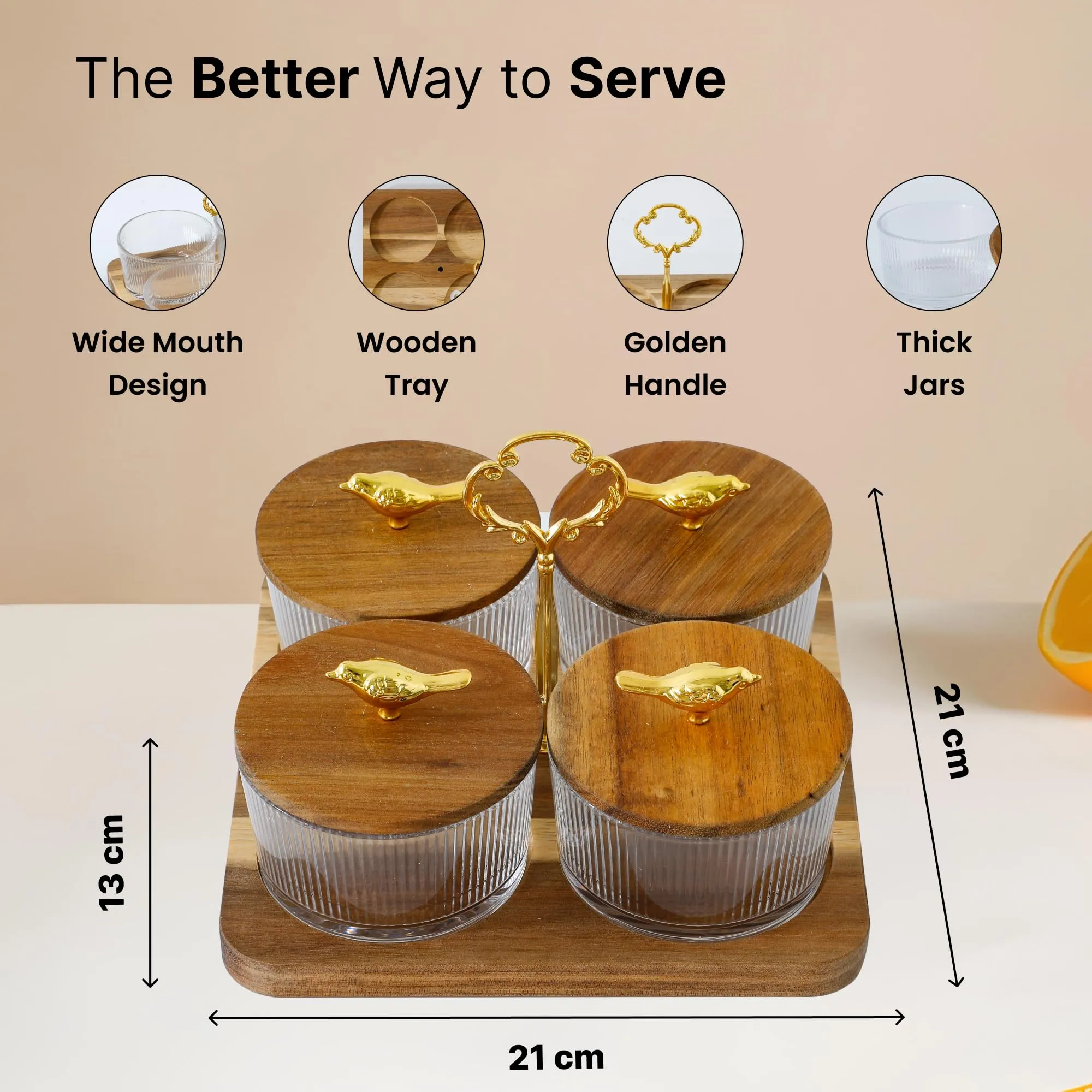 The Better Home Platters Serving Set for Snacks with Wooden Tray & 4 Jars (160ml Each) | Premium Soda Lime Glass | Snacks Serving Bowls with Tray | Serving Tray with Bowls for Snacks