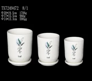 White Ceramic Pot - Hand-Painted Leaves Design | Tabletop Plant Decor (Set Of 3)