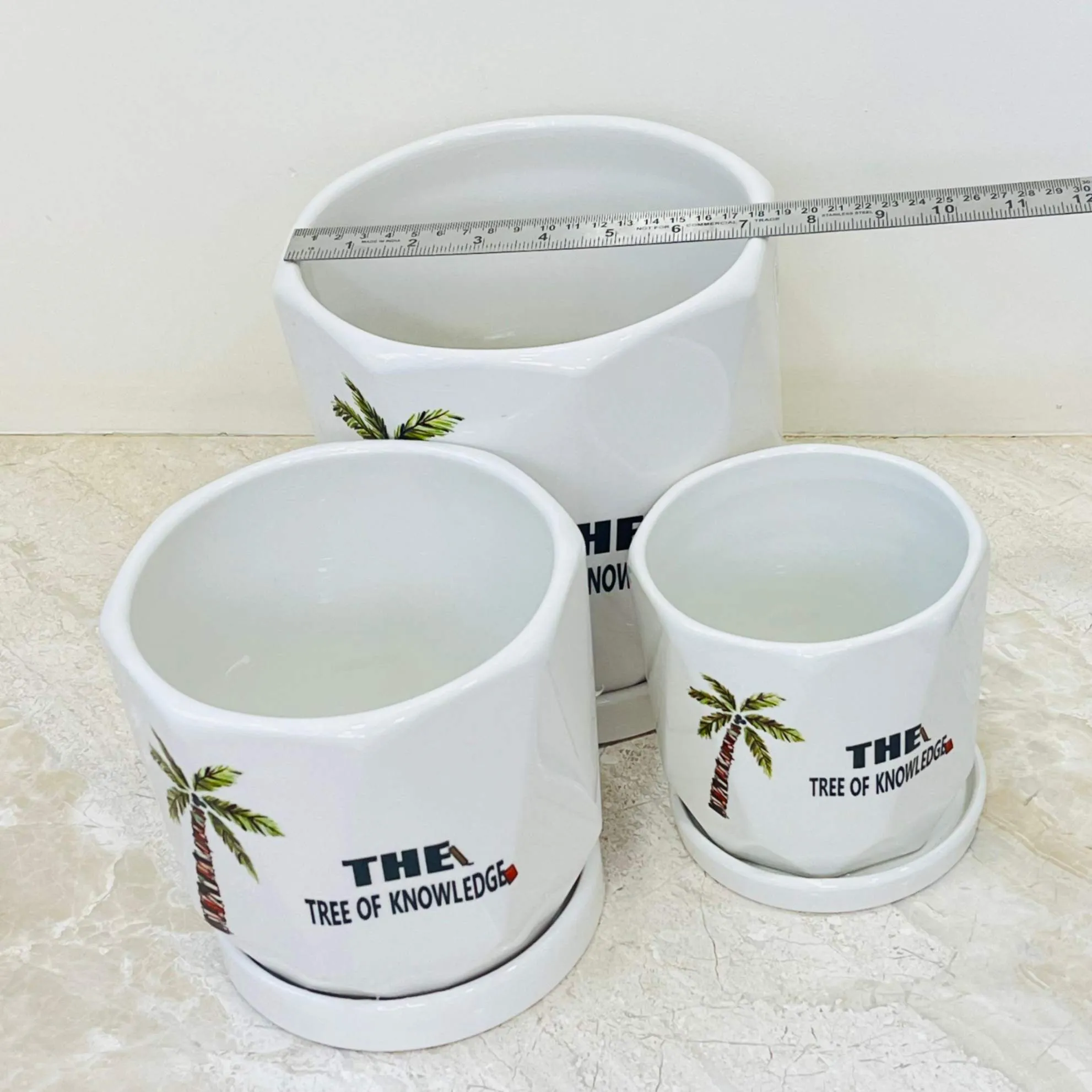 White Ceramic Pot Set featuring the "Tree of Knowledge" design (Set Of 3)