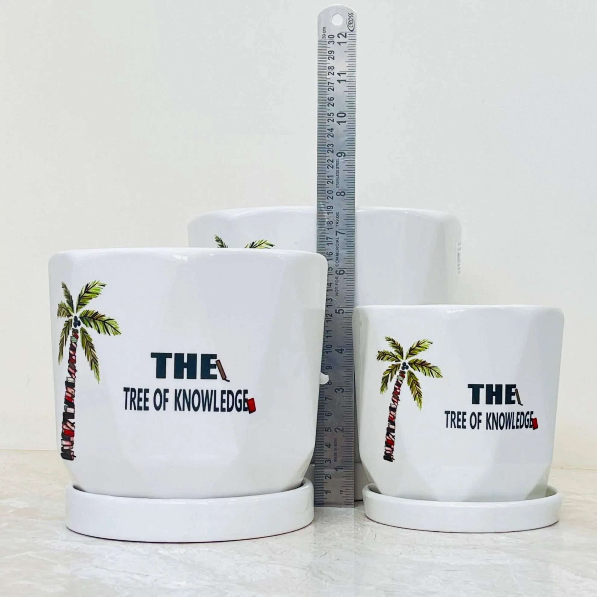 White Ceramic Pot Set featuring the "Tree of Knowledge" design (Set Of 3)