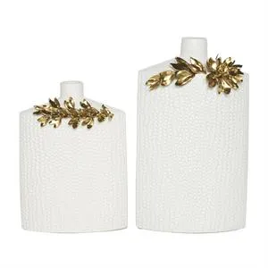 White Ceramic Vase with Abastract Spotted Pattern and Gold Leaf Accents Set of 2 16"x 12"H