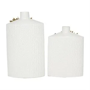 White Ceramic Vase with Abastract Spotted Pattern and Gold Leaf Accents Set of 2 16"x 12"H